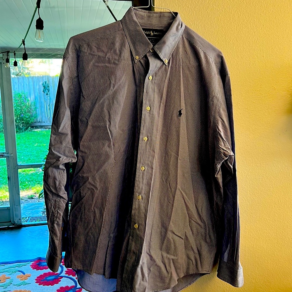 Ralph Lauren L/S blue tiny plaid dress shirt. BLAKE fit. Large. Button collars.